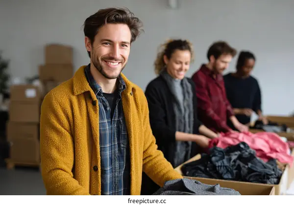 Volunteers sorting clothes in a charity donation center