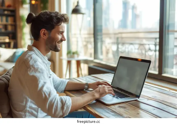 Young freelancer working on laptop in modern office space