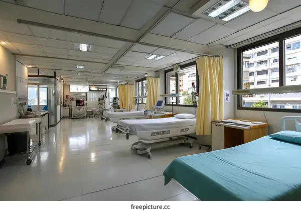 Hospital Ward Interior with Beds and Medical Equipment