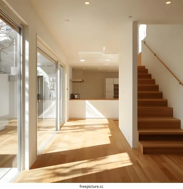 Modern Minimalist House Interior Design With Wooden Stairs