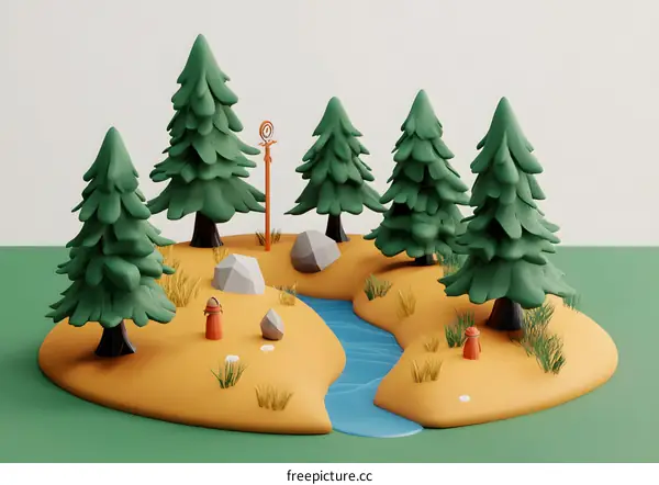 3D Rendered Illustration of a Small Forest With a Stream
