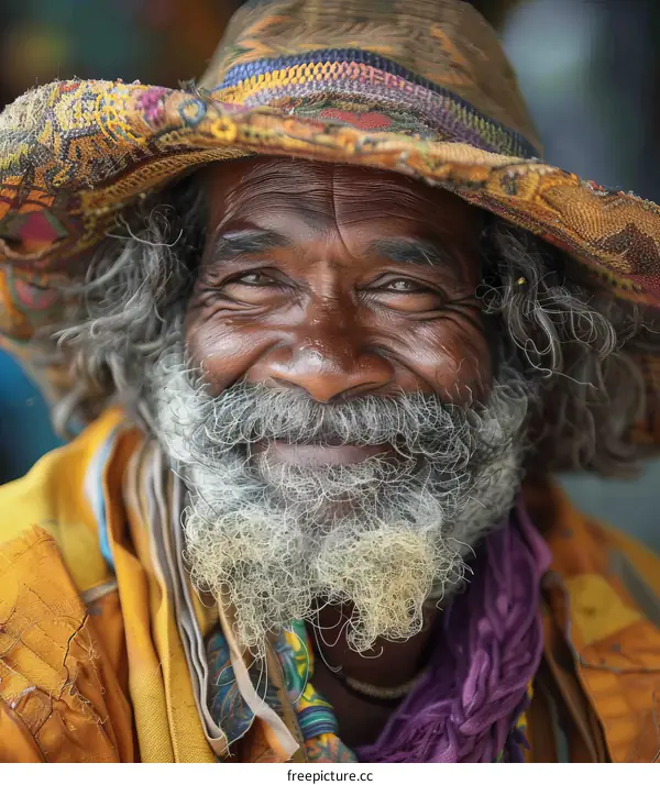 A Portrait of a Smiling Elderly Man with a Beaded Beard