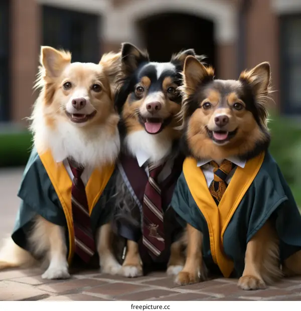 Three dogs in graduation caps and gowns