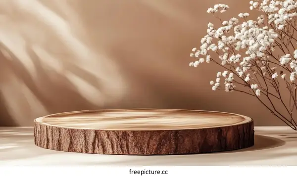 Wooden Display Stand with Soft Light and Flowers