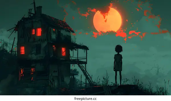 girl standing alone in front of a house under the blood moon