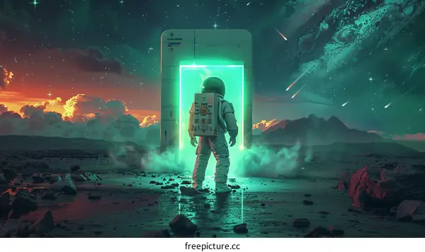 Astronaut Exploring Alien Planet through Portal