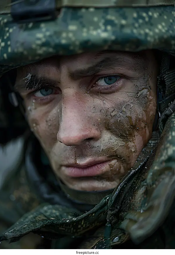 Portrait of a soldier with camouflage on his face