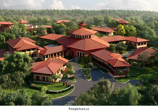 Aerial View of a Resort Complex with Red Tile Roofs