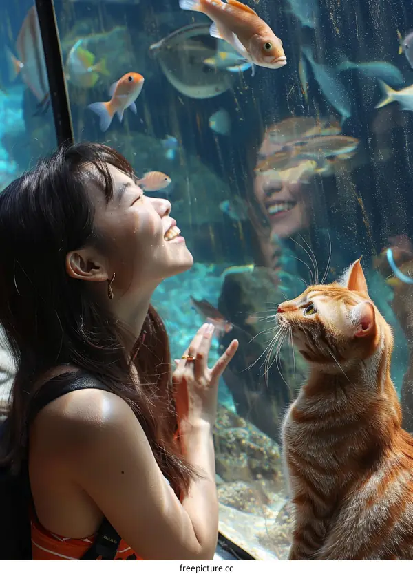A ginger cat and a woman looking at fishes in an aquarium
