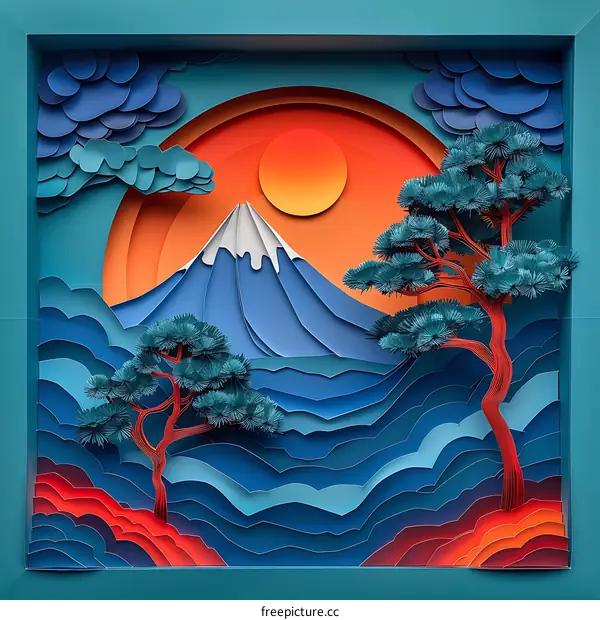 Blue and orange papercut illustration of mount fuji
