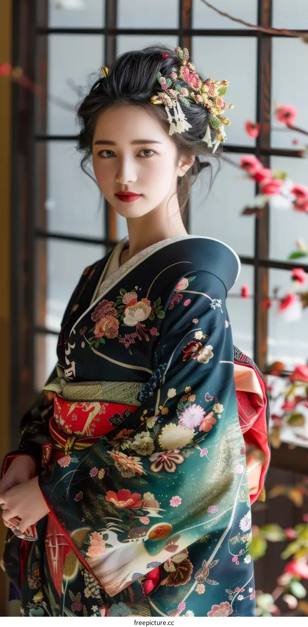 Portrait of a beautiful Japanese woman in traditional kimono
