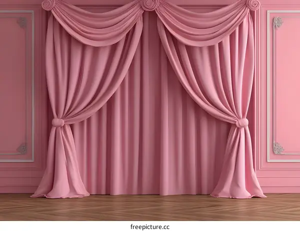 Pink Curtains with Draped Fabric and  Ornate Molding