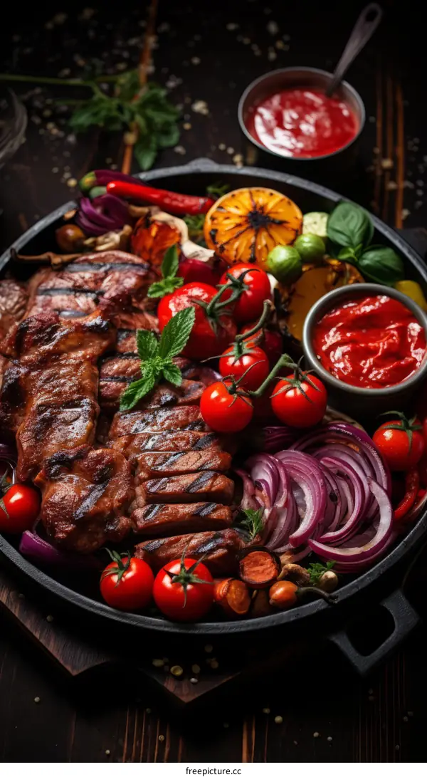 Grilled meat with vegetables and spices