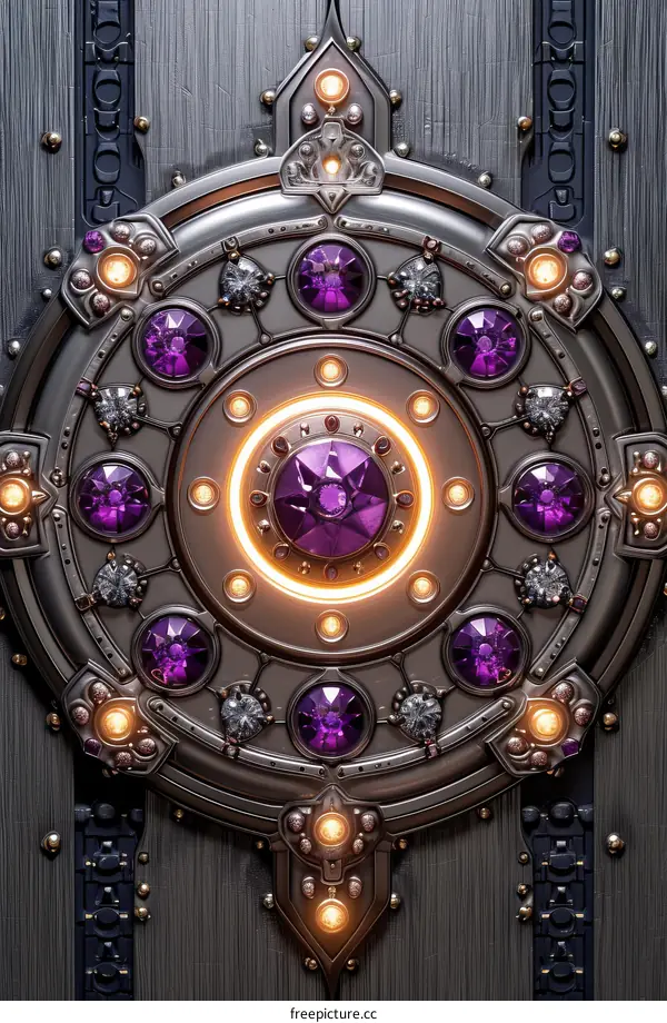 Ornate alien spaceship door panel with glowing gems
