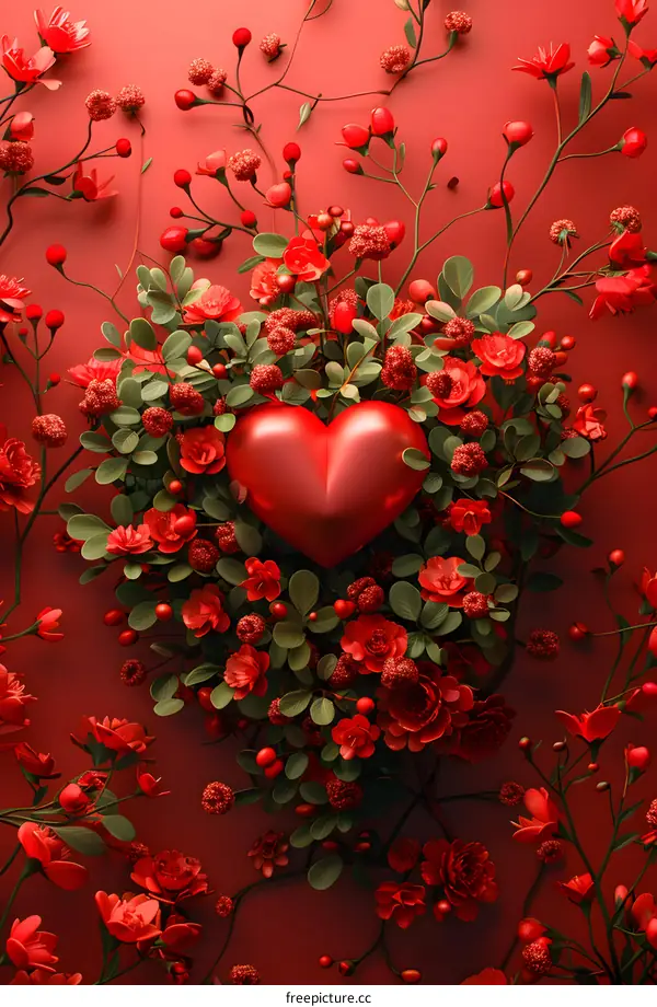 Red heart with red and pink flowers