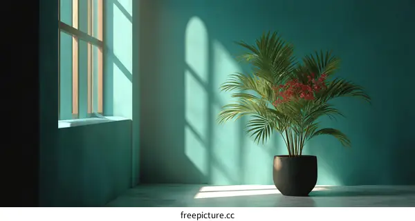 Stylish Teal Room with Sunlight and Plant