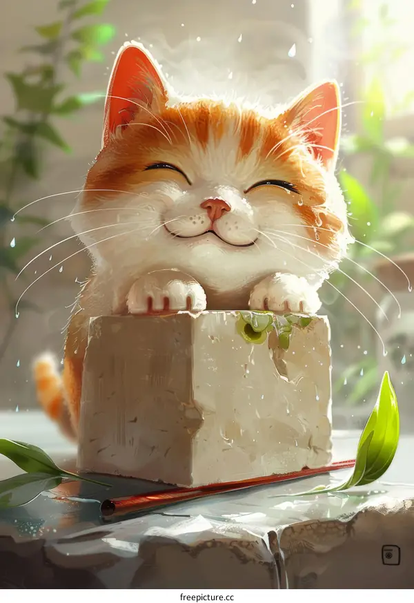 A cute cat is sitting on a tofu block and smiling happily