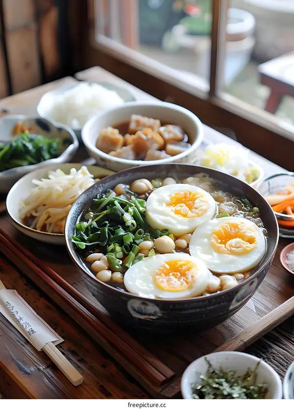 A delicious bowl of ramen with eggs, vegetables, and other toppings