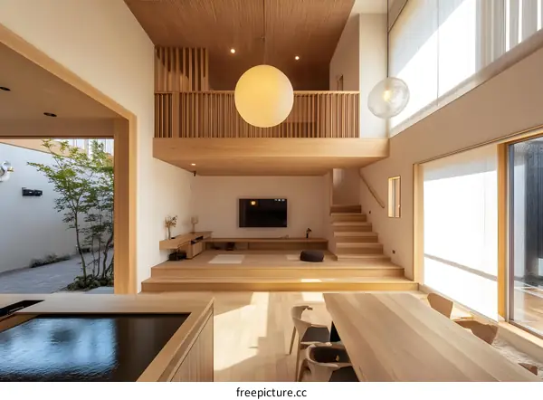 Modern Japanese Style Living Room with Wooden Floor and Ceiling