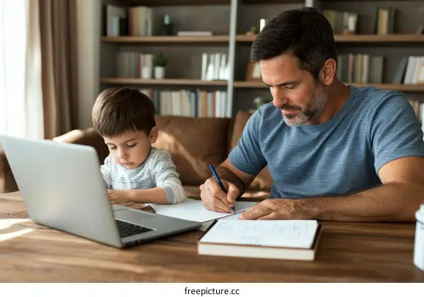 Father and Son Studying Together at Home