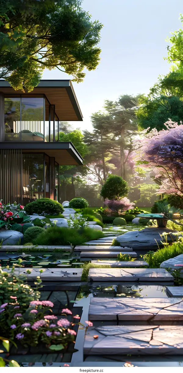 Courtyard of a Modern House with Stepping Stones in a Landscaped Garden