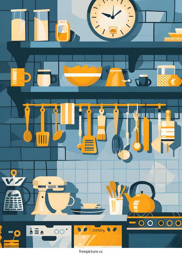 Kitchen Interior Design with Yellow and Blue Color Scheme