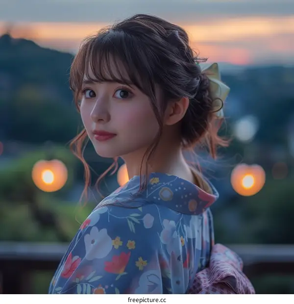 Asian Woman in Traditional Summer Dress at Dusk