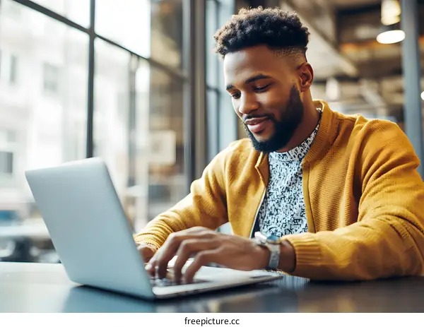 African American Man Working on Laptop in a Modern Office