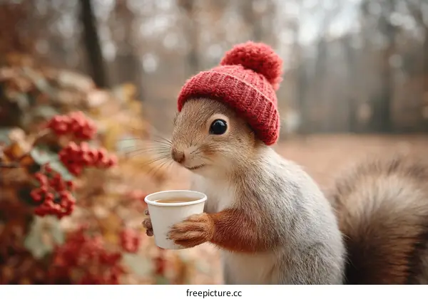 Cute Squirrel in a Red Knitted Hat with a Coffee Cup