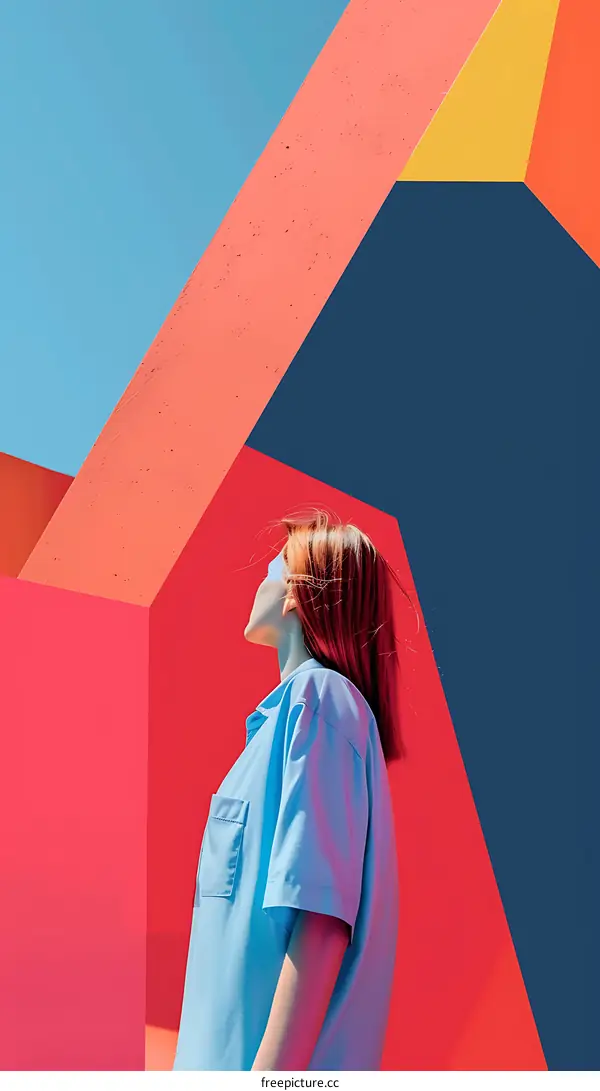 Woman in Blue Shirt Posing Against Colorful Geometric Walls