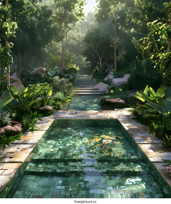 A swimming pool in a lush green forest