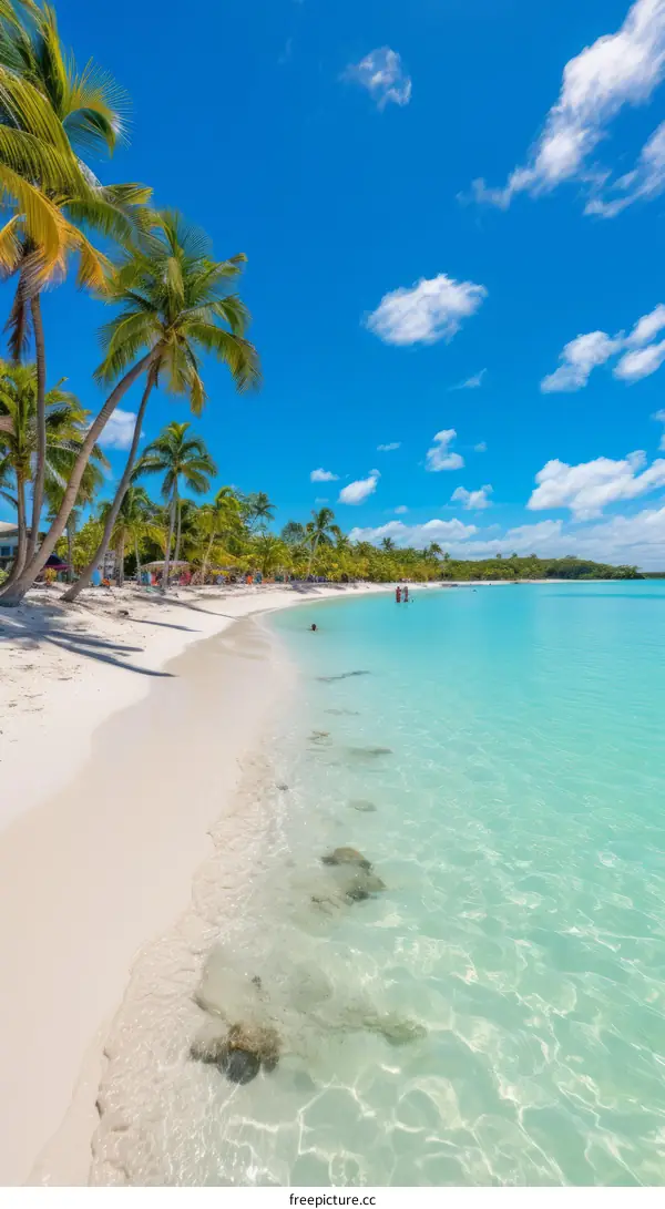 Palm trees on a beach with white sand and crystal clear water