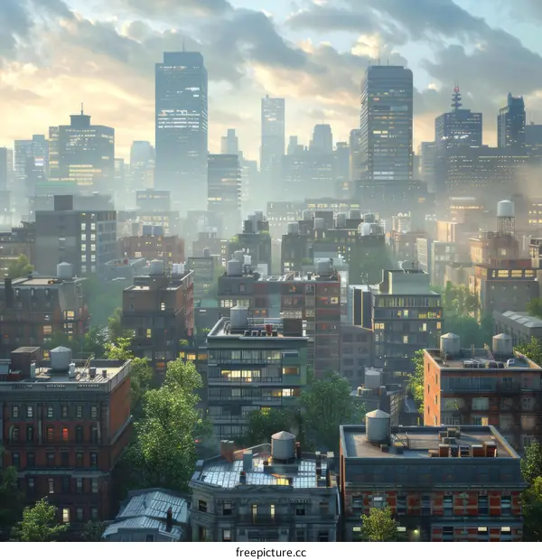 Cityscape Illustration of a Foggy Morning in a Dense Urban Area