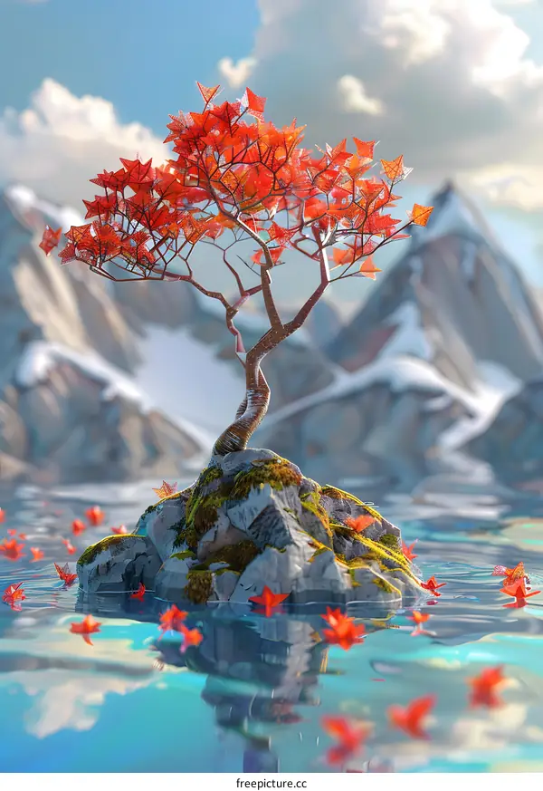 Red Tree on a Rock in Water