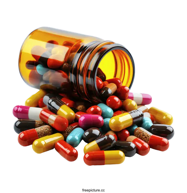[Transparent Background PNG]Assorted Colorful Medicine Pills in a Glass Container