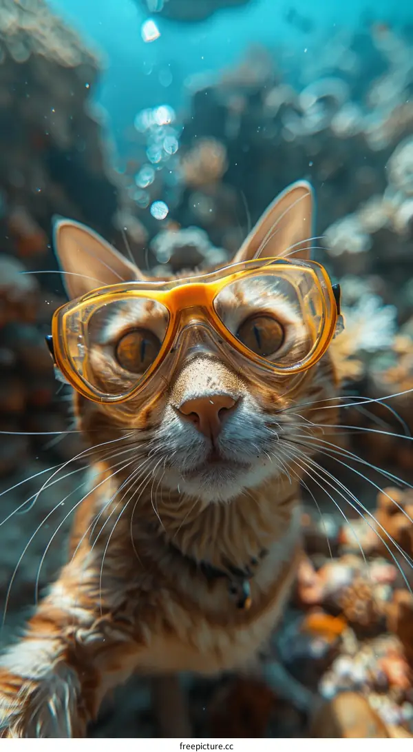 Cat Wearing Yellow Diving Goggles Underwater