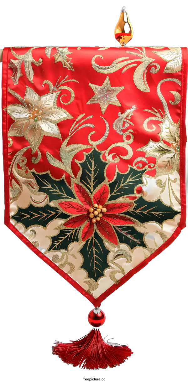 [Transparent Background PNG]Red and Gold Christmas Table Runner With Poinsettia and Holly