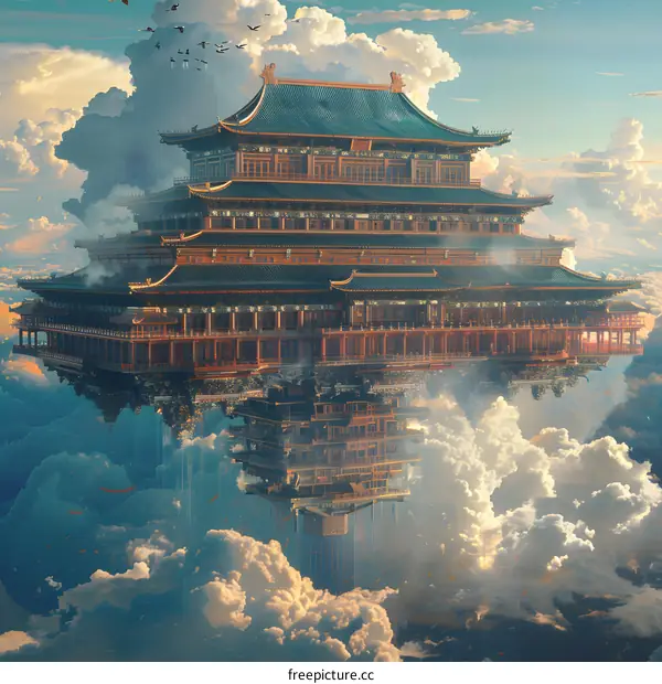 An illustration of a Chinese palace floating in the sky