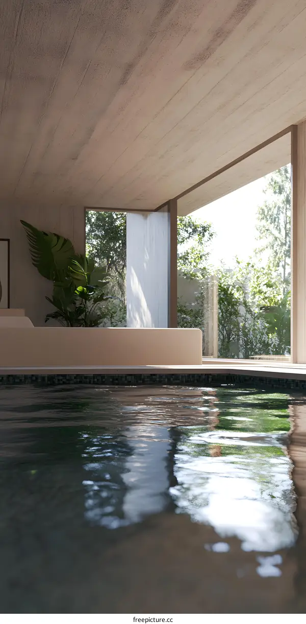 Modern Minimalist Indoor Pool Design with Concrete Walls and Large Windows