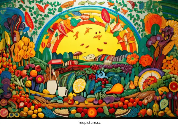 A colorful illustration of a garden with a rainbow, flowers, fruits, and vegetables