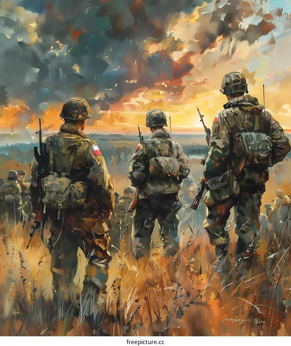 A group of soldiers in a field of tall grass looking at the sunset.