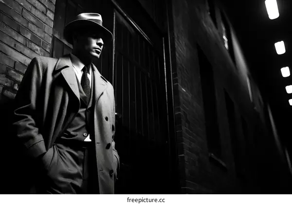 Man in hat and coat standing in dark alleyway