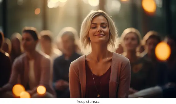 A group of diverse people sitting in a circle with their eyes closed and hands together
