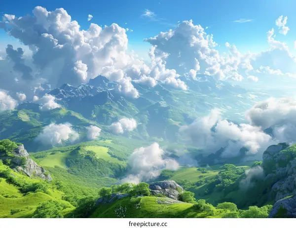 Soaring Green Mountains and Billowing Clouds