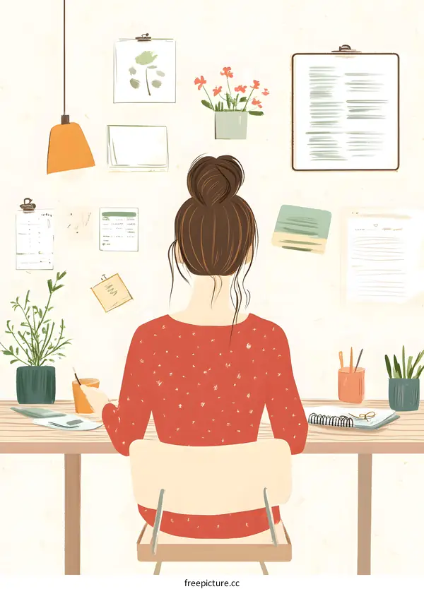 Woman Sitting at Desk With Papers and Plants