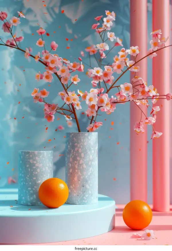 Etched Pastel Floral Still Life with Oranges