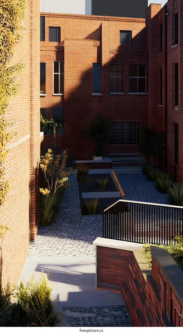 Brick Building Courtyard with Cobblestone Path