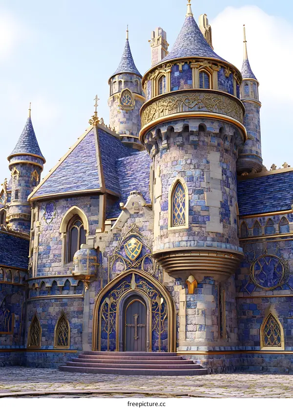 Blue Stone Castle With Golden Trim And Towers
