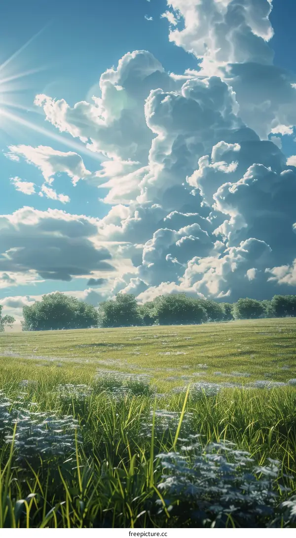 Green field and blue sky with white clouds