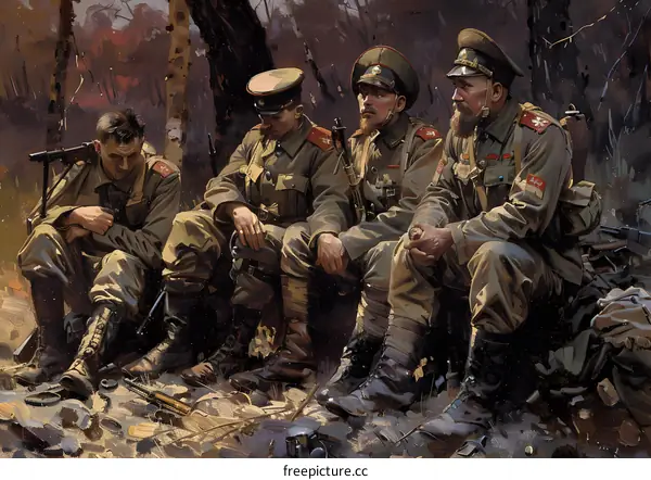 Four soldiers in the woods